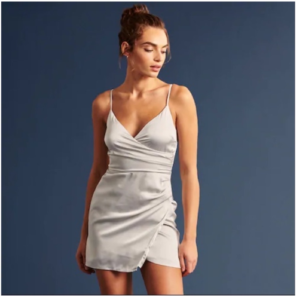 Abercrombie & Fitch Silver Satin Ruched Wrap Mini Dress Size Small NWT